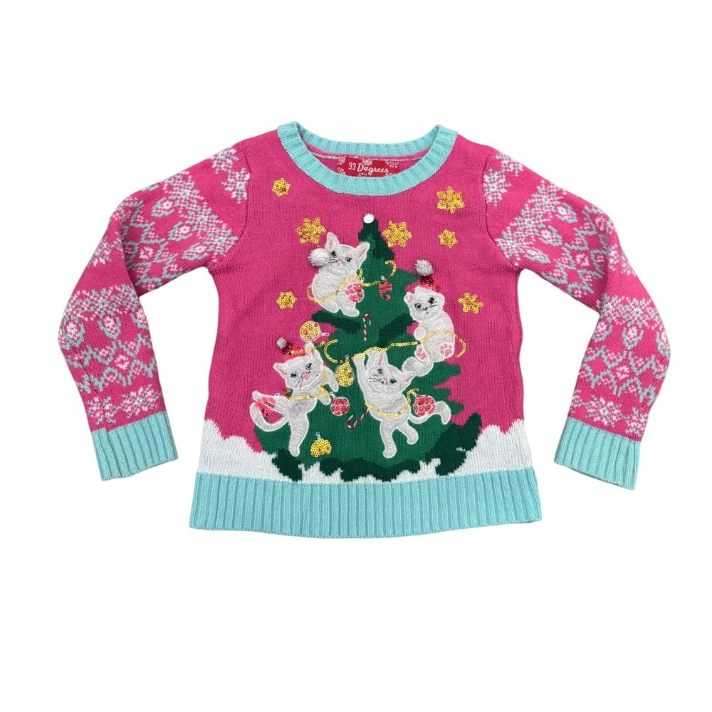 Girls Pink Kitten Christmas Tree Ugly Sweater Sequin XS 6 6X Holiday - Picture 1 of 7